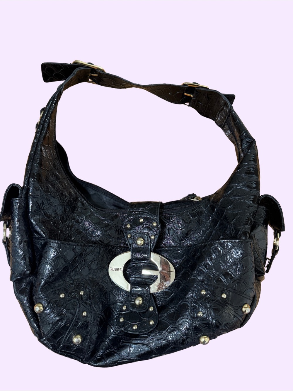 Guess Embossed Black Shoulder Bag with  gold Hardware